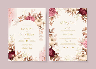 Wedding invitation template set with burgundy red floral and leaves decoration