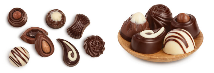 Chocolate candy isolated on white background with full depth of field. Top view. Flat lay.