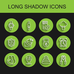 Set line Avocado fruit, Bodybuilder muscle, Smart watch, Stack hot stones, Jump rope, Time sleep, Alarm clock and Weight icon. Vector