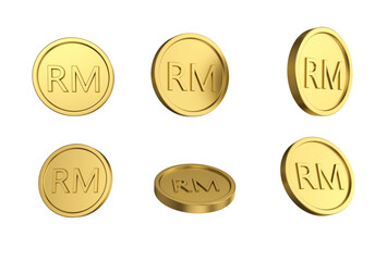 3d illustration Set of gold Malaysian ringgit coin in different angels