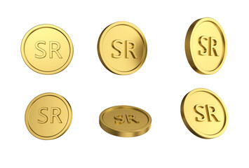 3d illustration Set of gold Saudi riyal coin in different angels