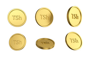 3d illustration Set of gold Tanzanian shilling coin in different angels