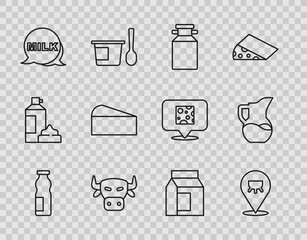 Set line Drinking yogurt in bottle, Udder, Can container for milk, Cow head, Lettering, Cheese, Paper package and Milk jug pitcher icon. Vector