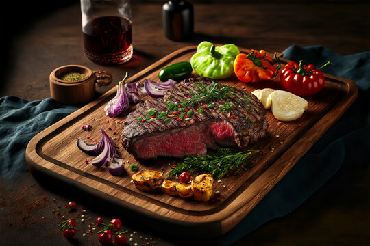 Tasty juicy steak served on a chopping wooden board with ingredients and spices scattered around it