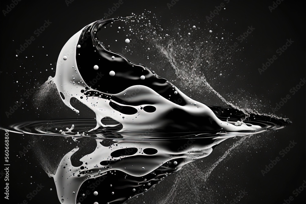 Poster a black and white photo of a liquid splashing on water with a black background and a reflection of t