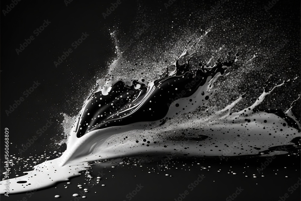 Aufkleber a black and white photo of a liquid splashing on the ground with a black background and a white bord