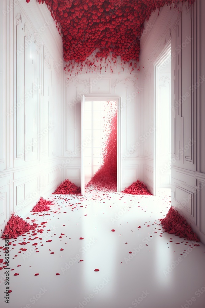 Poster a room with a door and a bunch of red petals on the floor and walls and a doorway with a door and a 