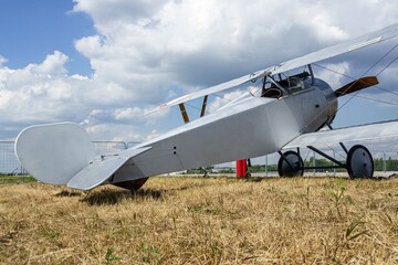 Aircraft Nieuport 17 Nieuport 17) in static parking lot in Zhukovsky. Basic model of French fighter...