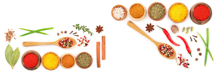 mix of spices in wooden bowl isolated on a white background with copy space for your text. Top view. Flat lay. Set or collection