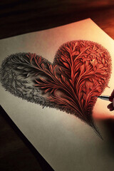 Hand drawing with pen a red heart shaped with plants , Valentine's Day Ai Generative illustration.