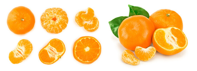tangerine or mandarin with leaves isolated on white background. Top view. Flat lay. Set or collection