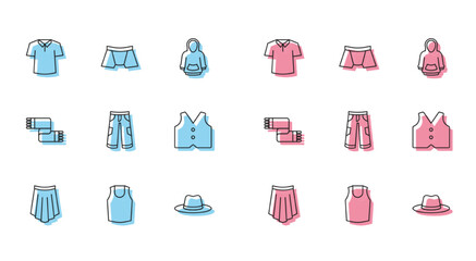 Set line Skirt, Undershirt, Shirt, Man hat, Pants, Waistcoat, Winter scarf and Men underpants icon. Vector