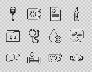 Set line Human organ liver, Medical protective mask, Patient record, Hospital bed, Crutch crutches, Stethoscope, Ultrasound and Heart rate icon. Vector