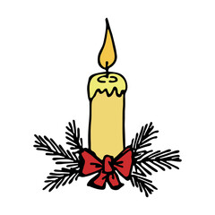 Burning christmas candle with spruce branches. Single doodle illustration. Hand drawn clipart for card, logo, design