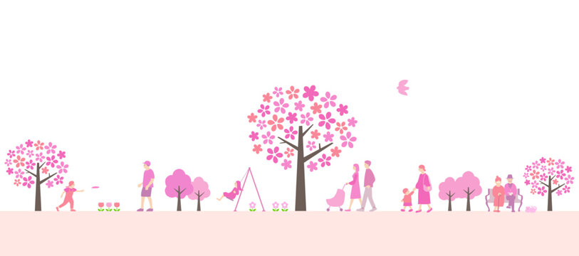 桜が咲く公園と人々の風景　背景素材