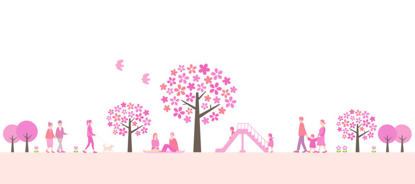 桜が咲く公園と人々の風景　背景素材