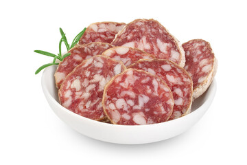 Cured salami sausage in ceramic bowl isolated on white background. Italian cuisine with full depth of field