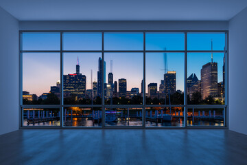 Fototapeta na wymiar Downtown Chicago City Skyline Buildings from High Rise Window. Beautiful Expensive Real Estate overlooking. Epmty room Interior Skyscrapers View in Penthouse Cityscape. Night. 3d rendering.