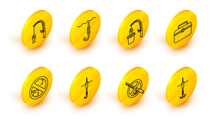 Set line Fishing hook and float, No fishing, Case or box container for wobbler gear equipment, rod, under water and icon. Vector