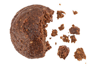 chocolate cookie with kerob, banana, cashew, sunflower seeds isolated on white background. Healthy food, gluten-free, flour-free. Top view. Flat lay.