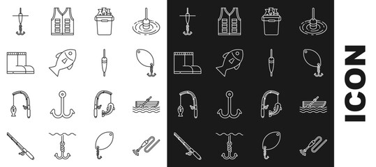 Set line Fishing line with hook and float, boat oars on water, spoon, bucket fishes, boots, and icon. Vector