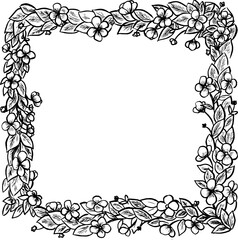 Floral frame ink illustration. Leaves and flowers vector drawings. Vector background. Sketching style. 