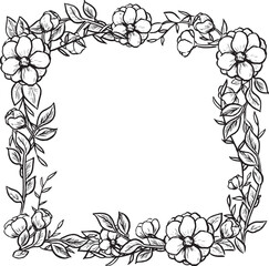 Floral frame ink illustration. Flowers and flowers decorative background. Card template. Vector frame. 