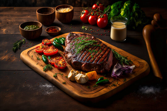Tasty juicy steak served on a chopping wooden board with ingredients and spices scattered around it