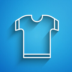 White line T-shirt icon isolated on blue background. Long shadow. Vector Illustration