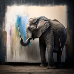 Elephant Painting with a Paintbrush in front of a Canvas