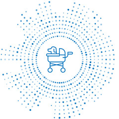 Blue line Pet stroller icon isolated on white background. Abstract circle random dots. Vector