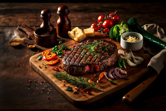 Tasty juicy steak served on a chopping wooden board with ingredients and spices scattered around it