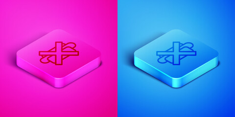Isometric line No junk food icon isolated on pink and blue background. Prohibited hot dog. No Fast food sign. Square button. Vector