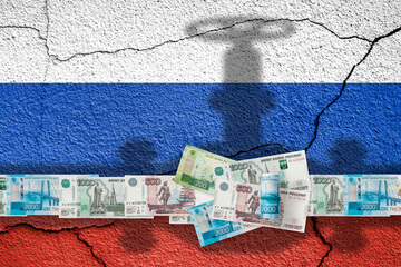 Flag of Russia painted on a wall with gas, crude oil pipe shadow and rubles. Embargo and sanctions...