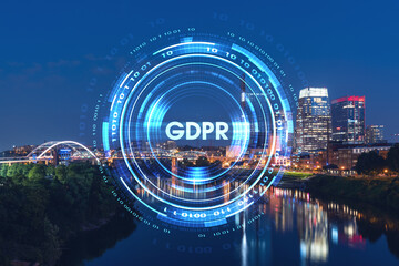 Panoramic view of Broadway district of Nashville over Cumberland River at illuminated night skyline, Tennessee, USA. GDPR hologram, concept of data protection regulation and privacy for individuals