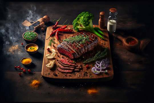 Tasty juicy steak served on a chopping wooden board with ingredients and spices scattered around it
