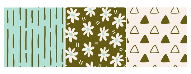 Cute green and turquoise seamless vector pattern background collection set with daisy flowers, stripes and triangles shape