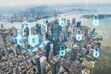 Aerial panoramic helicopter city view, Lower Manhattan, Downtown, New York, USA. World Trade Center, bridges. The concept of cyber security to protect confidential information, padlock hologram
