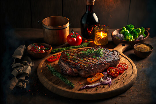 Tasty juicy steak served on a chopping wooden board with ingredients and spices scattered around it