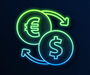 Glowing neon line Money exchange icon isolated on blue background. Euro and Dollar cash transfer symbol. Banking currency sign. Vector