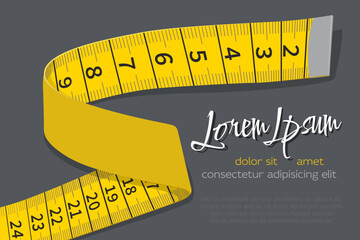 Yellow Measuring Tape. The Concept of Health, Body Care, Fitness, Proper Nutrition, Healthy Lifestyles, Weight Loss, Weight Management, Slimming. Template for Your Text - obrazy, fototapety, plakaty