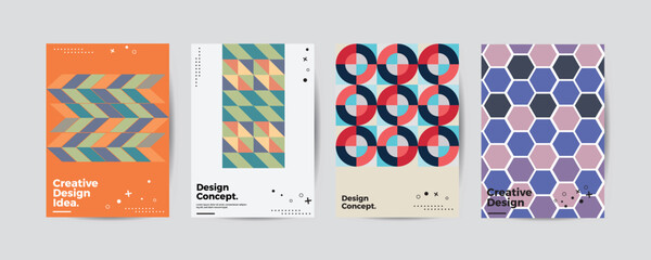 Obraz premium Company identity brochure template collection. Business presentation vector A4 vertical orientation front page mock up set. Corporate report cover abstract geometric illustration design layout bundle.