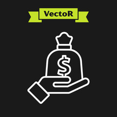 White line Hand holding money bag icon isolated on black background. Dollar or USD symbol. Cash Banking currency sign. Vector