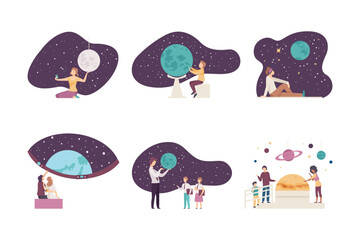 Exhibition visitors having excursion at planetarium. School children looking at educational planet exhibits cartoon vector illustration