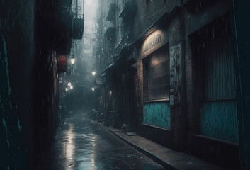 Perspective alleyway. Dark horror alley. Spooky urban landscape.  - obrazy, fototapety, plakaty