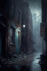 Fototapeta na wymiar dark spooky abandoned alley at night.