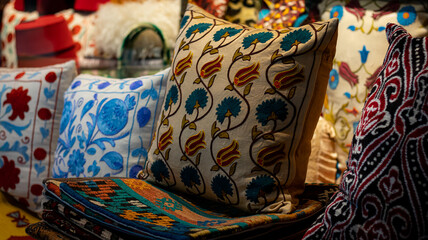 embroidered decorative pillows in a souvenir shop