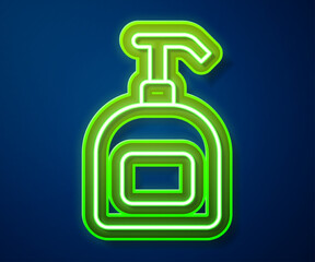 Glowing neon line Bottle of liquid antibacterial soap with dispenser icon isolated on blue background. Antiseptic. Disinfection, hygiene, skin care. Vector