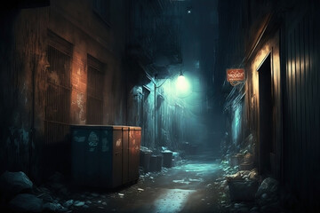 Street lights. Alley with several slums and buildings