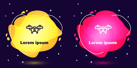 Naklejka premium Set line Drone flying icon isolated on blue background. Quadrocopter with video and photo camera symbol. Abstract banner with liquid shapes. Vector